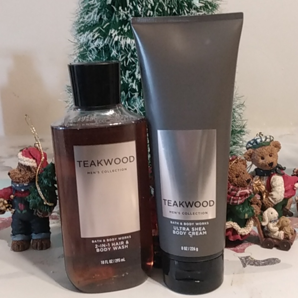 Bath and Body Works Teakwood 2-in-1 Hair+Body Wash 10 FL oz and Body Cream 8 oz